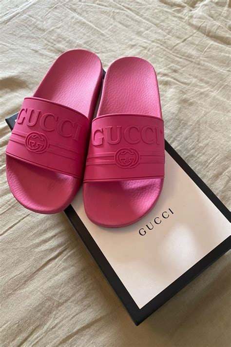 pink rubber gucci heels|hot pink gucci slides.